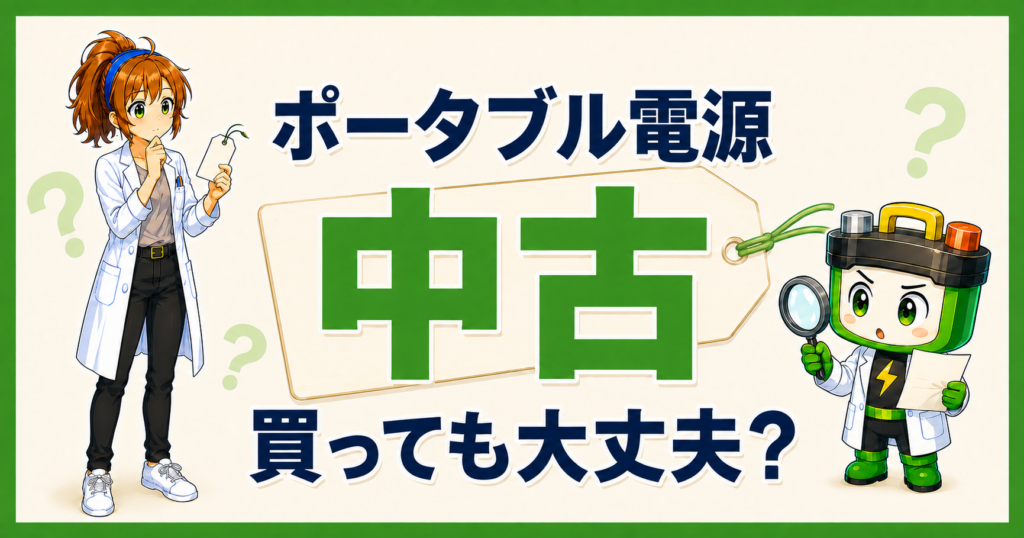 ポータブル電源の中古を買っても大丈夫か、ヒカリちゃんとワット博士が確認するイメージ