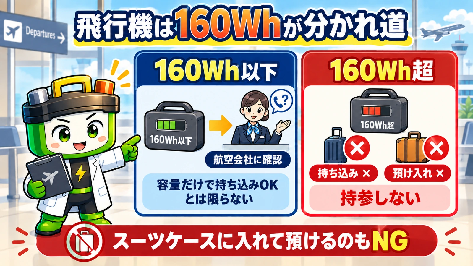 ポータブル電源を飛行機へ持ち込む際、160Wh以下は航空会社へ確認し、160Wh超は持ち込みも預け入れもできないことを示す図