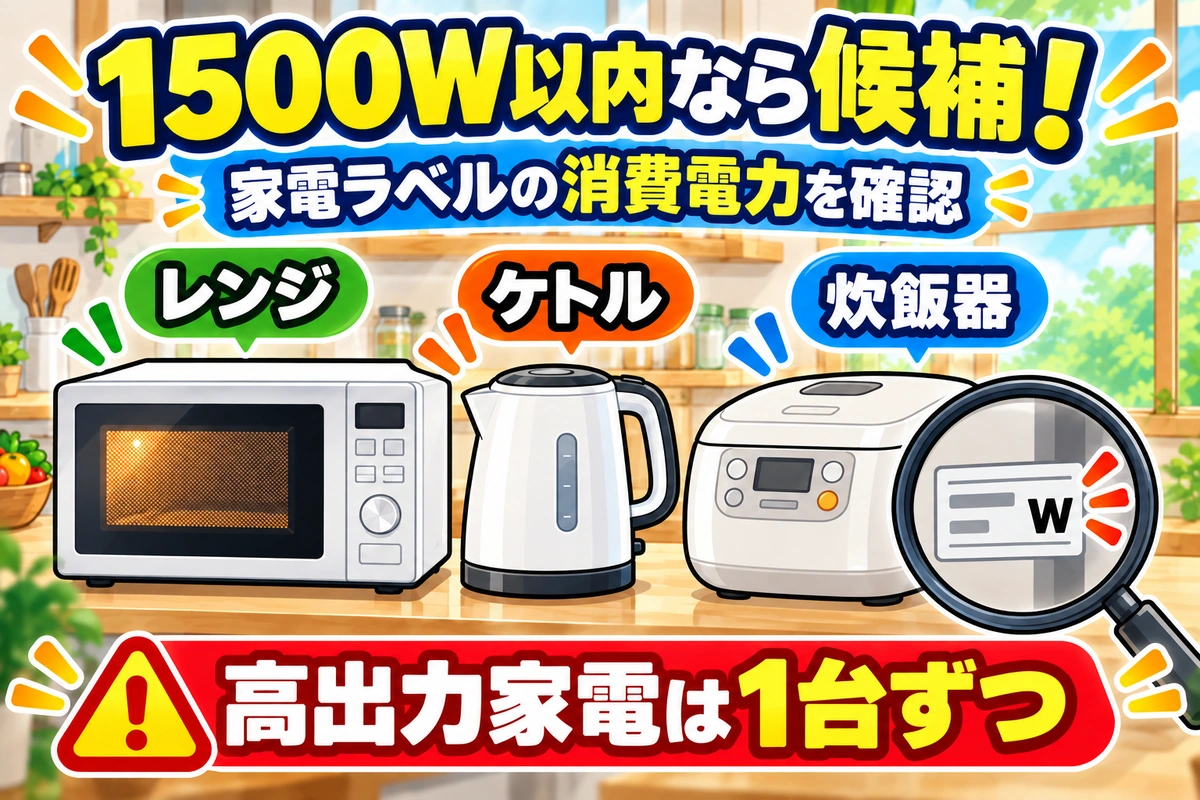 電子レンジ、ケトル、炊飯器は、家電ラベルの消費電力が1500W以内か確認して候補にする。高出力家電は1台ずつ使う。