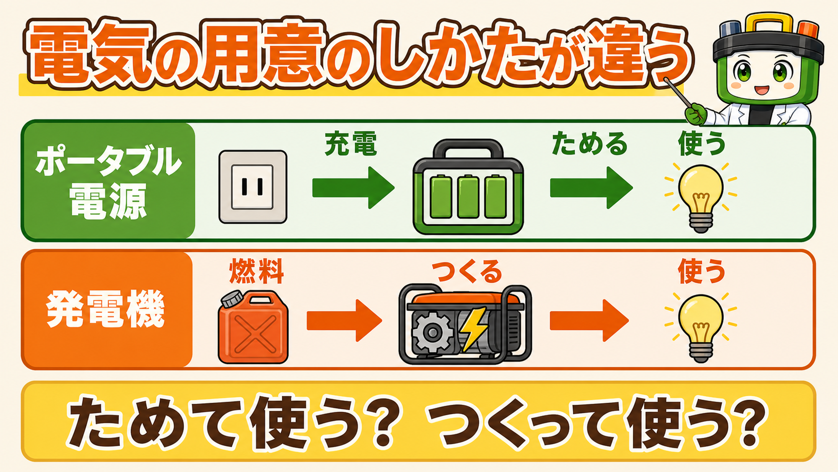 ポータブル電源は充電した電気をため、発電機は燃料を使って電気をつくる違い