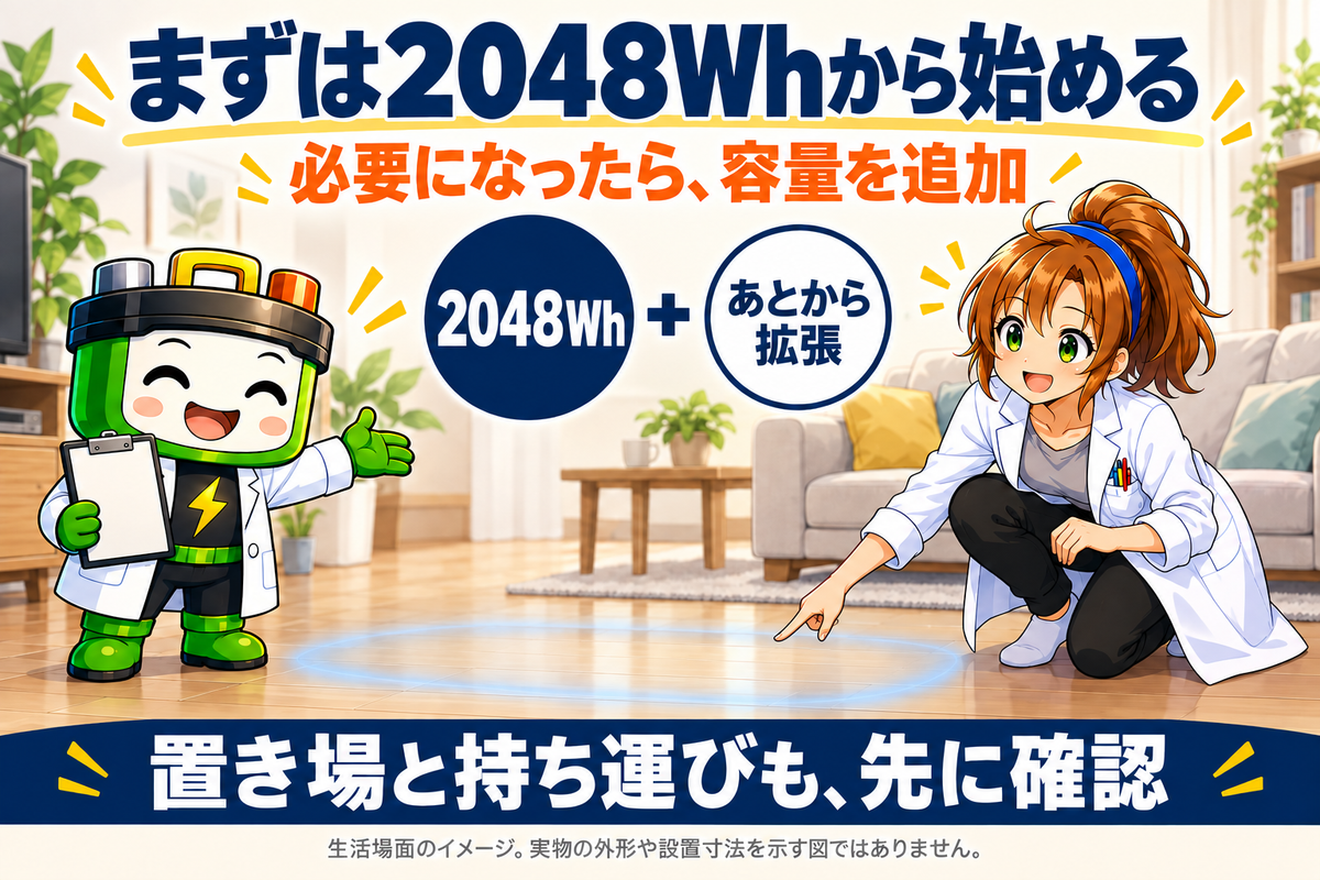 2048Wh本体から始め、必要ならあとから容量を足す選び方を示す生活場面。居間でヒカリちゃんが空いた床を指し、ワット博士が確認を案内している。下部に置き場と持ち運びも先に確認と記載。