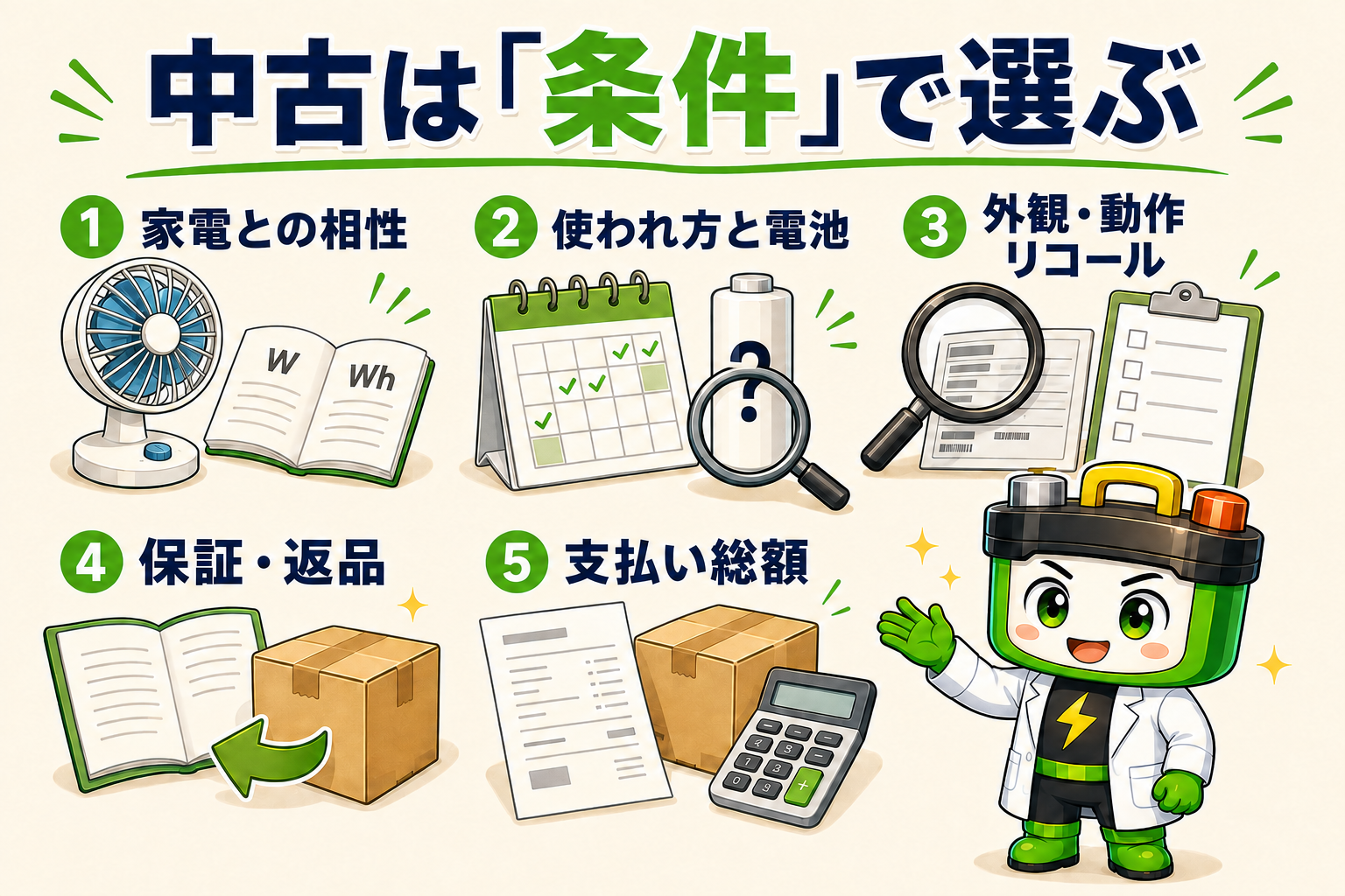 家電との相性、電池の使われ方、動作とリコール、保証と返品、支払い総額を確認する図解