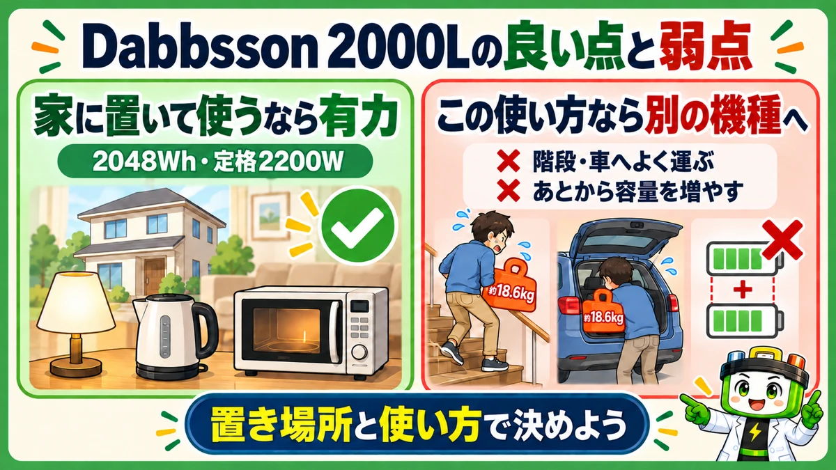 Dabbsson 2000Lの良い点と弱点を、家で使う場合と頻繁に運ぶ場合で整理した図