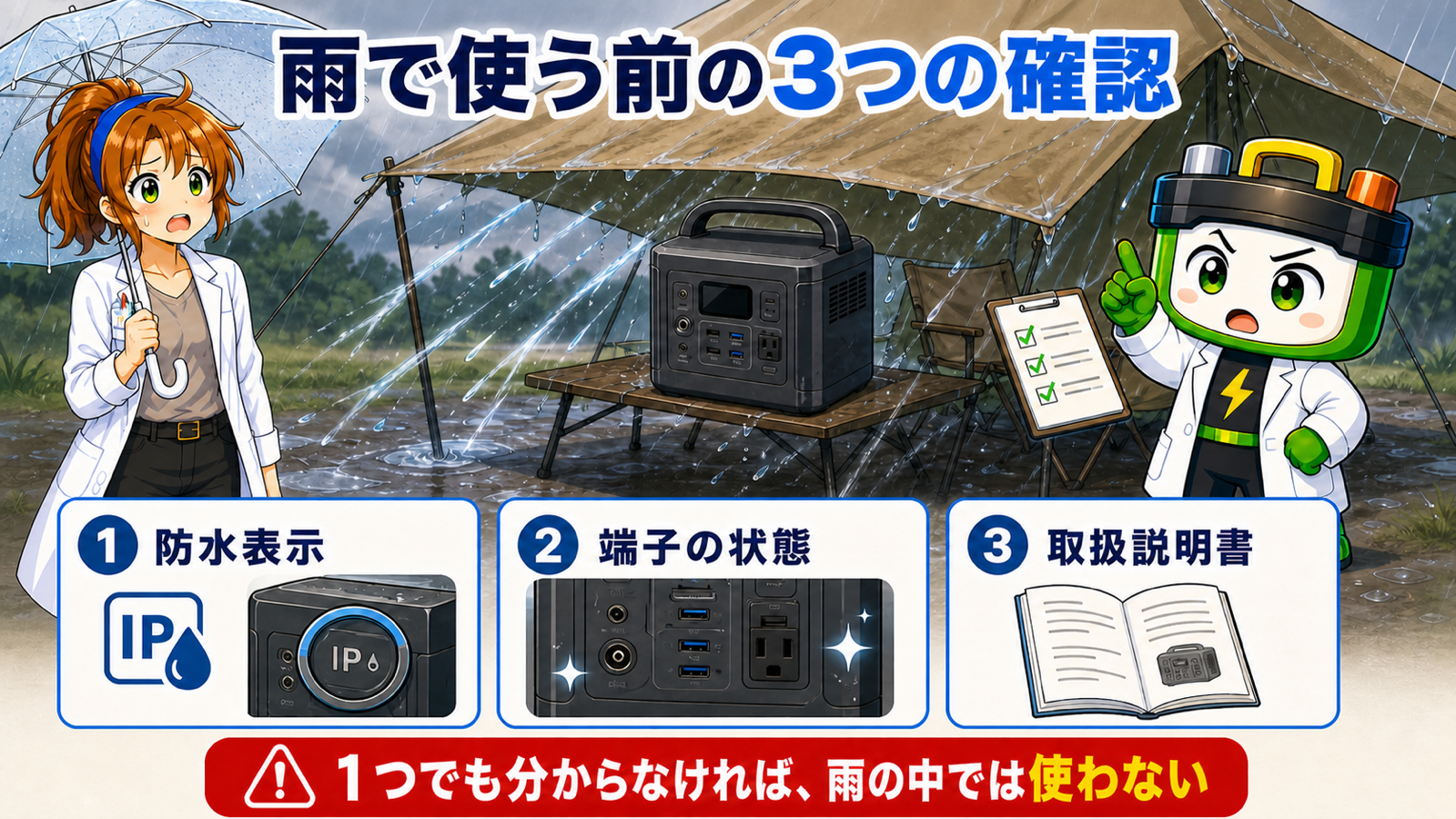 雨のキャンプ場で防水表示、端子、取扱説明書の3点を確認する図