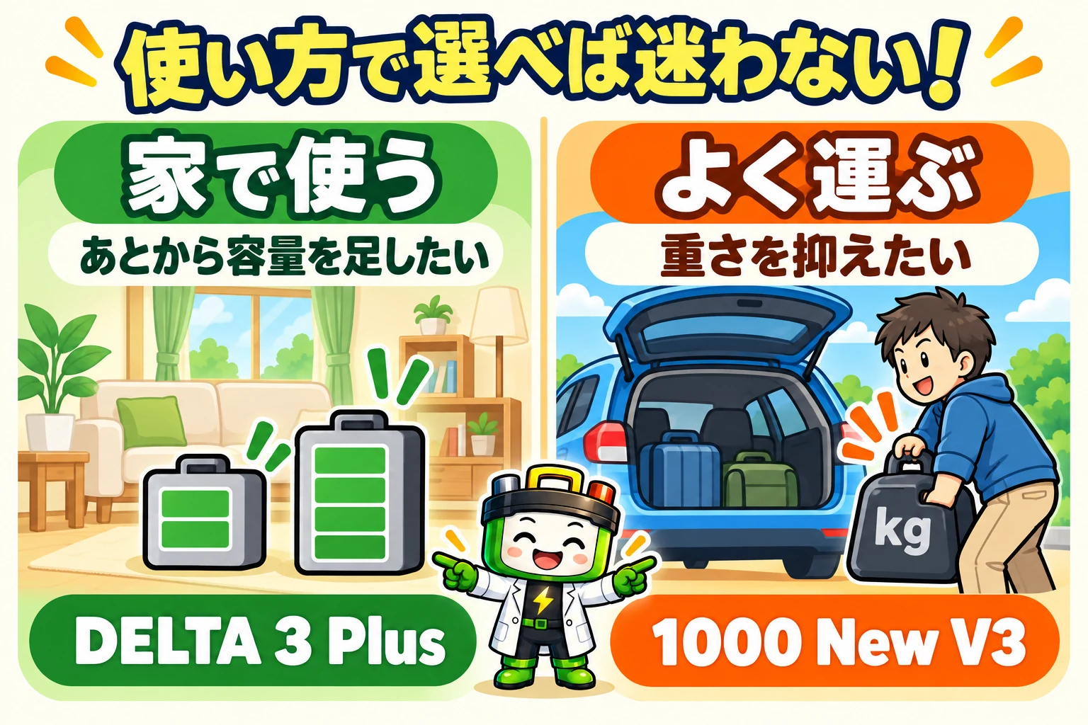 家で容量をあとから足すDELTA 3 Plusと、運ぶ重さを抑える1000 New V3の選び方