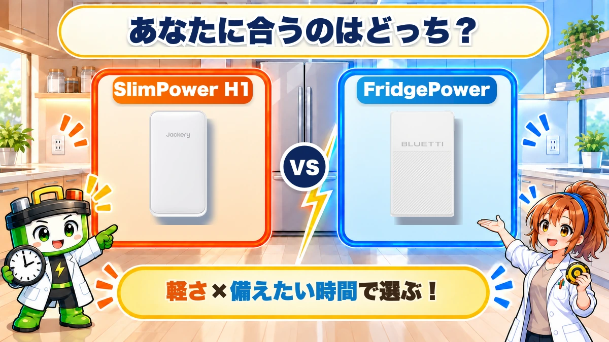 Jackery SlimPower H1とBLUETTI FridgePowerを、軽さと備えたい時間から選ぶ比較図