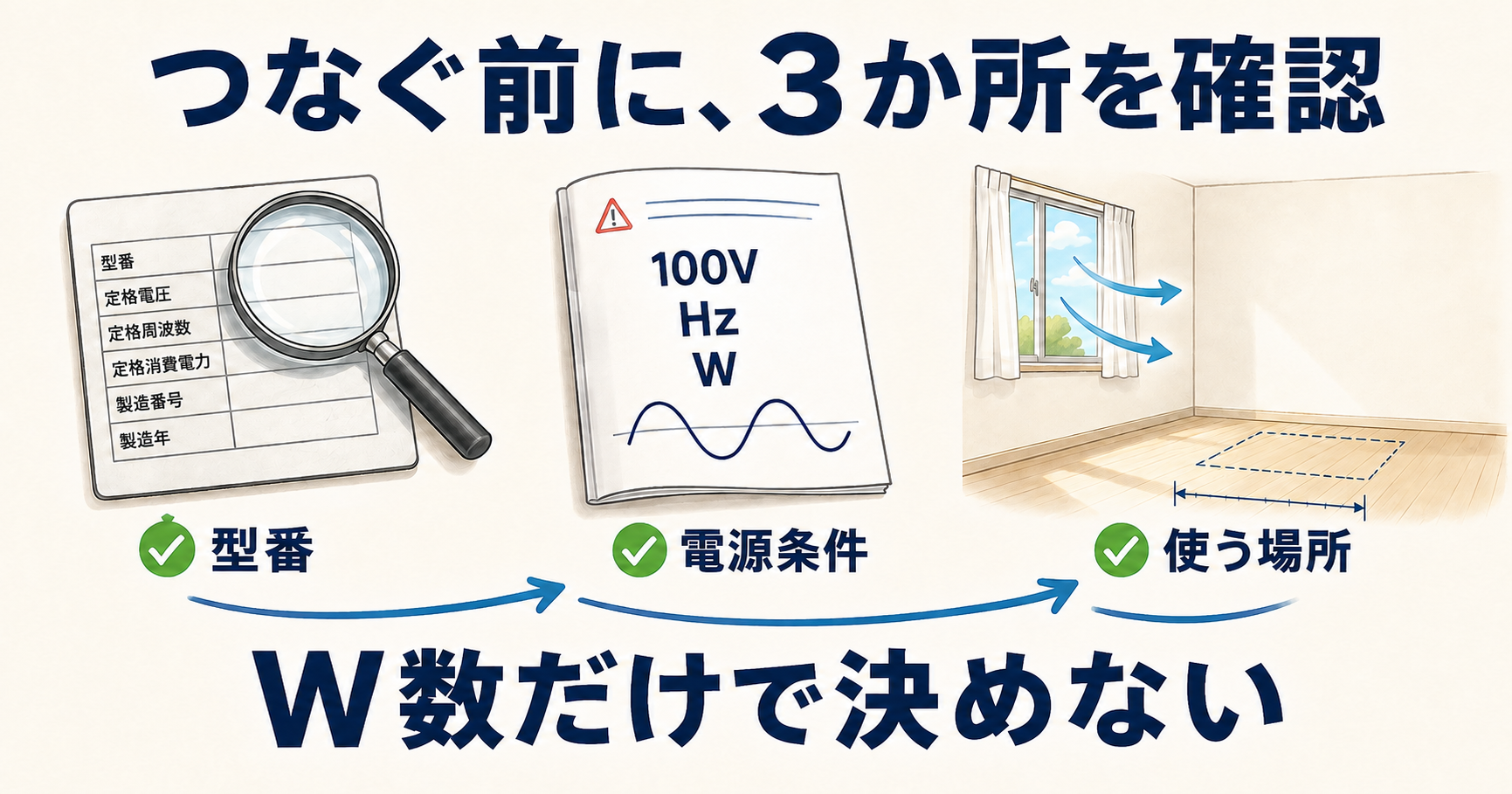 暖房機の型番、電源の条件、使う場所を順に確かめる図