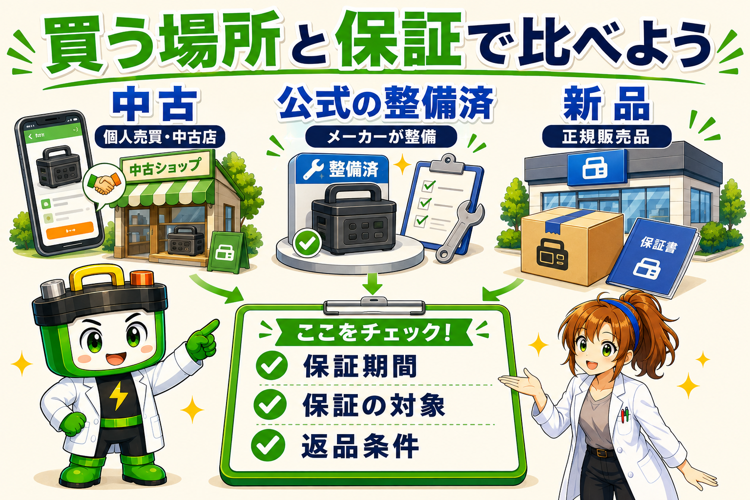 中古・公式の整備済製品・新品の買う場所と、保証期間・保証の対象・返品条件をワット博士とヒカリちゃんが確認する図