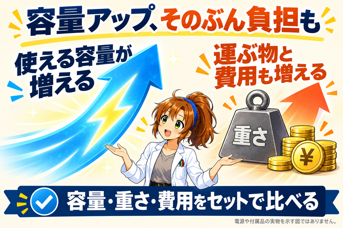 容量が増えることを青い上向き矢印で、運ぶ物と費用が増えることを重さの記号と硬貨で示し、ヒカリちゃんが両側を案内する図解。容量・重さ・費用を一緒に比べると伝えている。