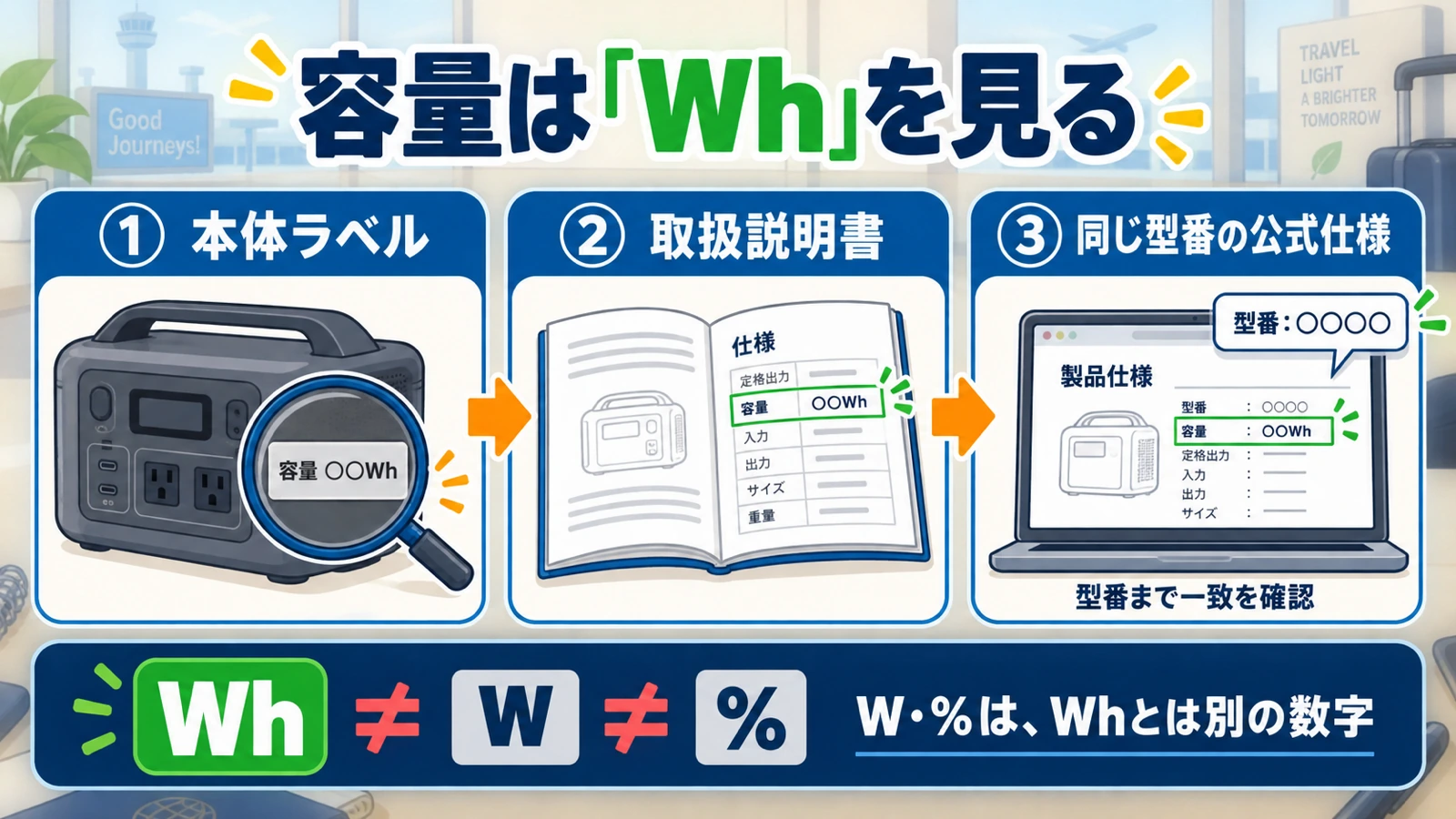 ポータブル電源の容量Whを本体ラベル、取扱説明書、同じ型番の公式仕様で確認し、Wや残量%と区別する図