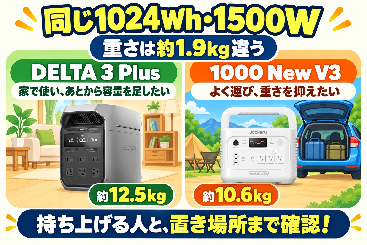 EcoFlow DELTA 3 Plusは約12.5kg、Jackery 1000 New V3は約10.6kg
