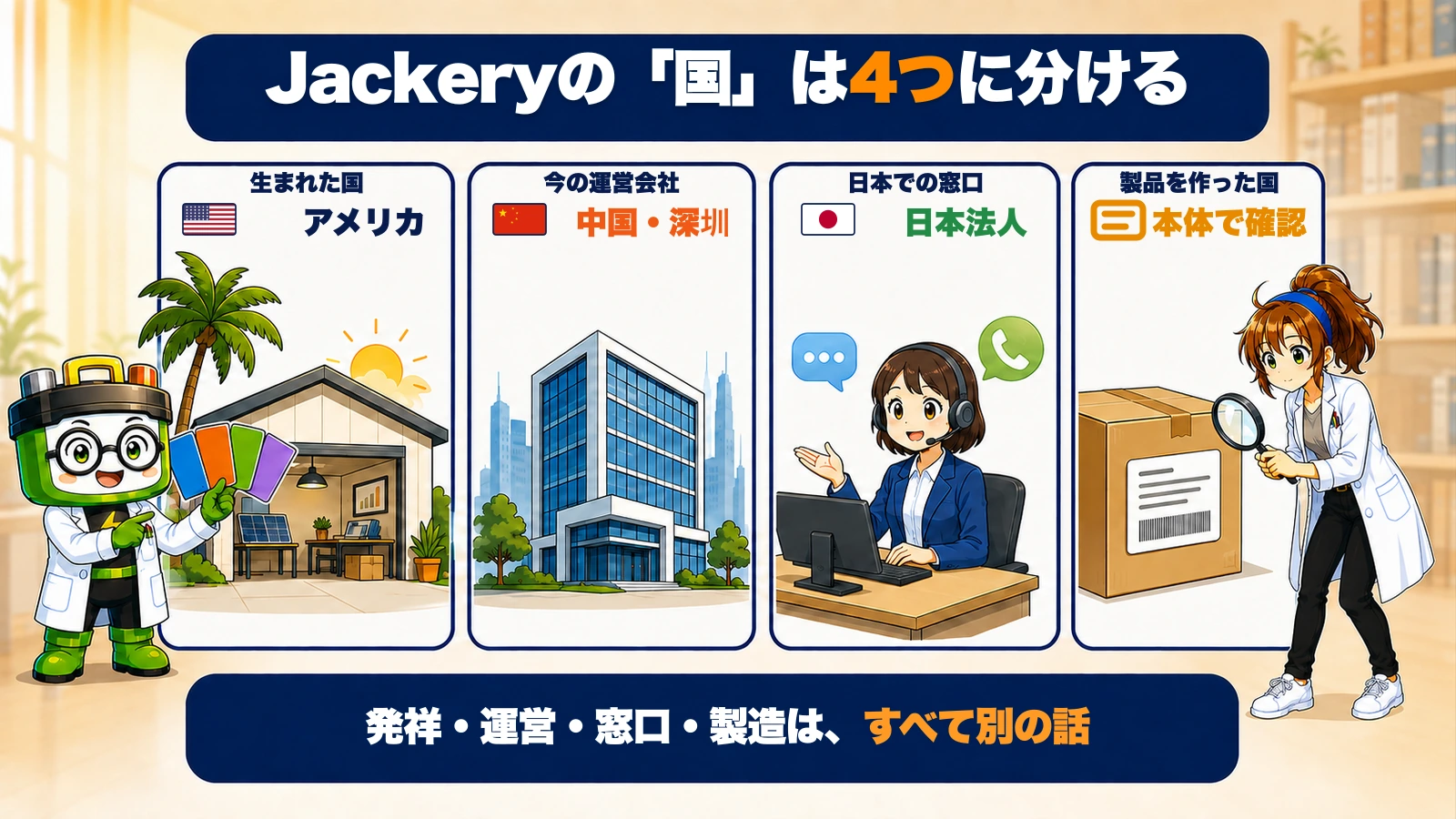 Jackeryの発祥、運営会社、日本法人、製造国を4つに分けた図