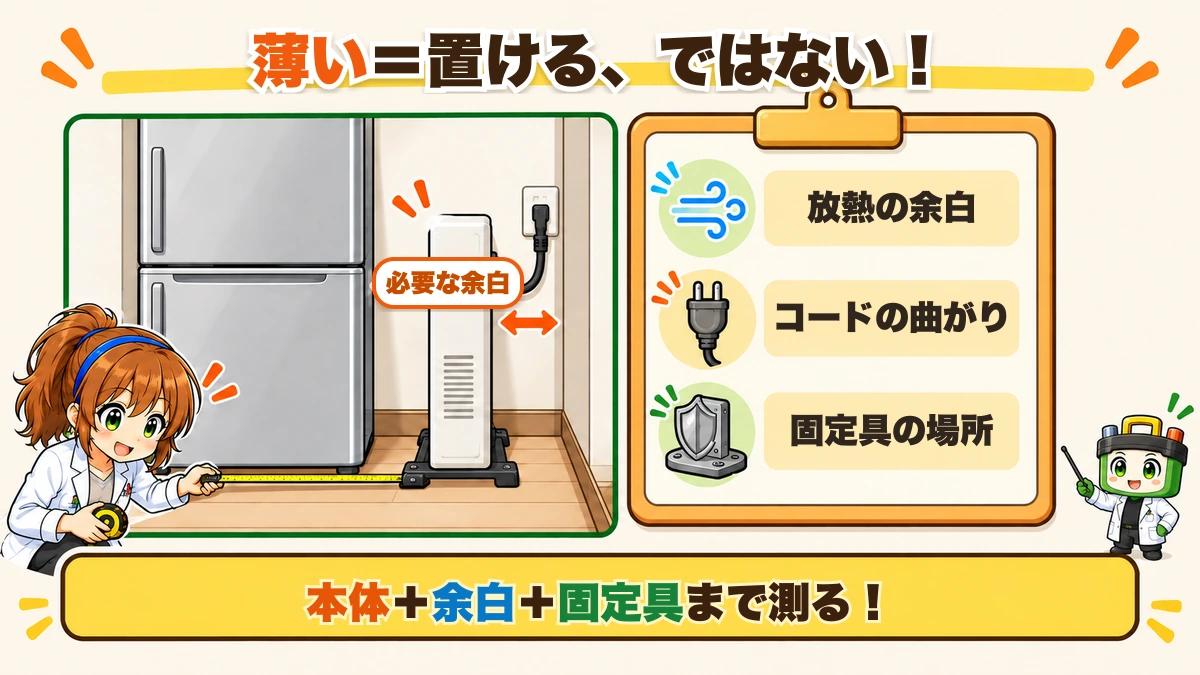 薄型電源を冷蔵庫の横へ置く前に、本体、放熱の余白、コードの曲がり、固定具の場所まで測ることを示す図