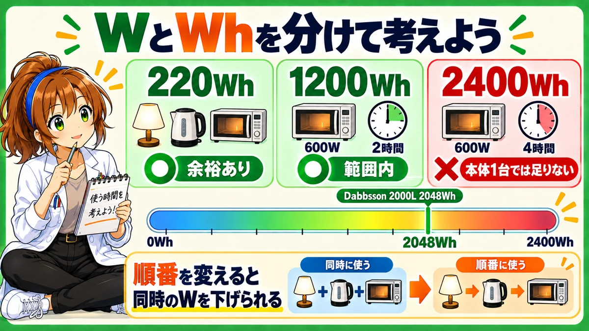 Dabbsson 2000Lの2048Whで220Wh、1200Wh、2400Whの使い方を比べる図