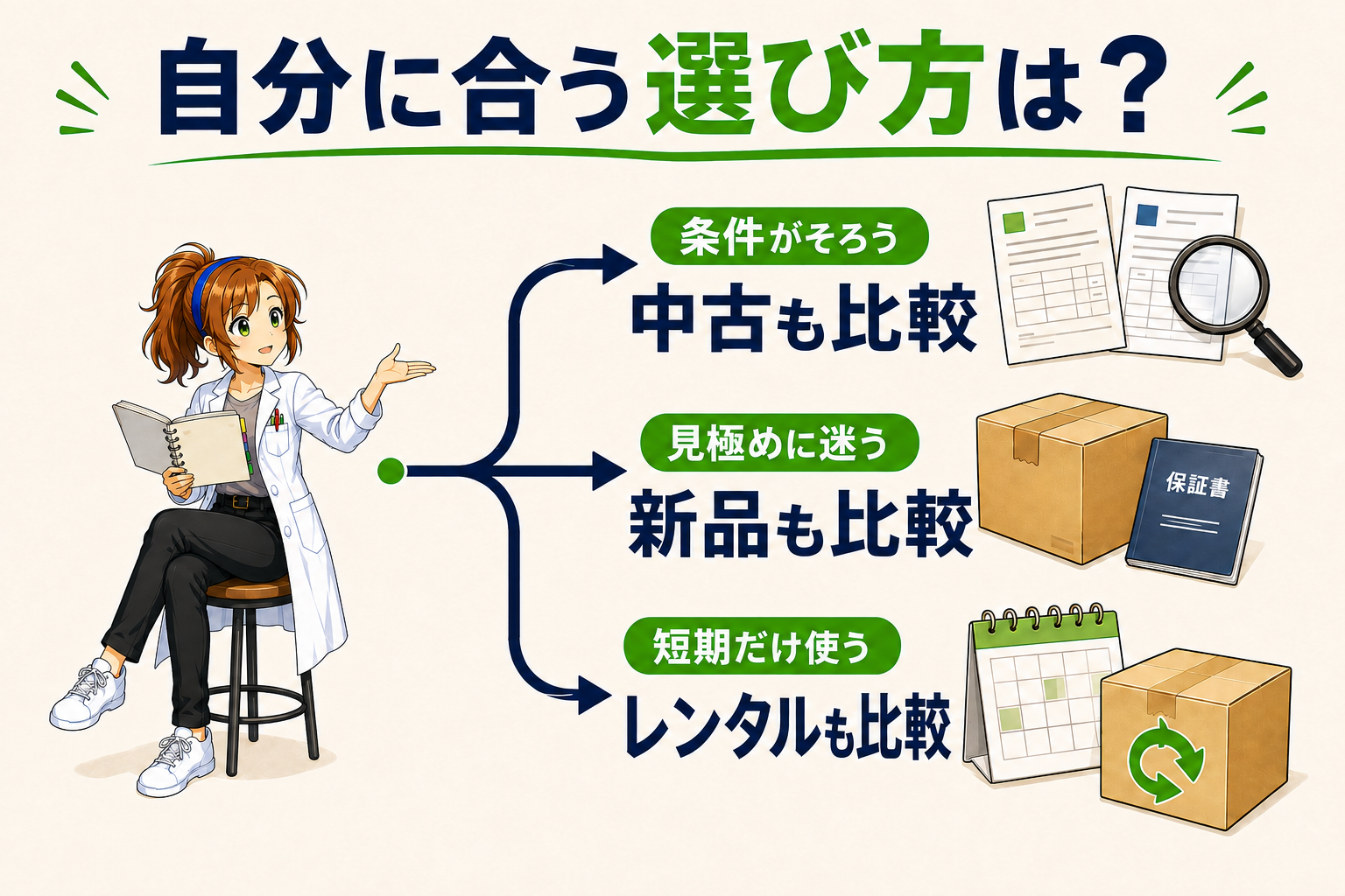 条件がそろう場合は中古、見極めに迷う場合は新品、短期利用ならレンタルも比較する図