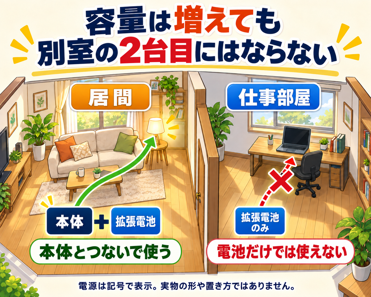 居間では本体と拡張電池を組み合わせてランプへ給電し、仕事部屋では拡張電池だけではパソコンへ給電できないことを示す2室の間取り図。電源は実物の外形ではなく記号で表している。
