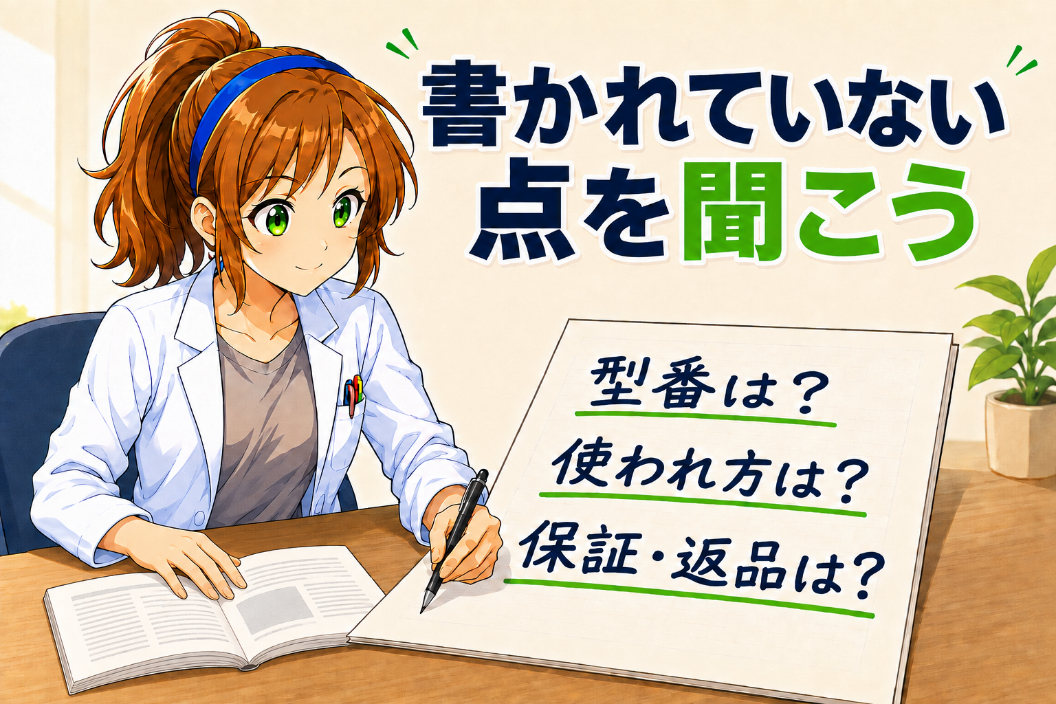 ヒカリちゃんが資料と確認文を見比べ、型番、使われ方、保証と返品を質問するイメージ