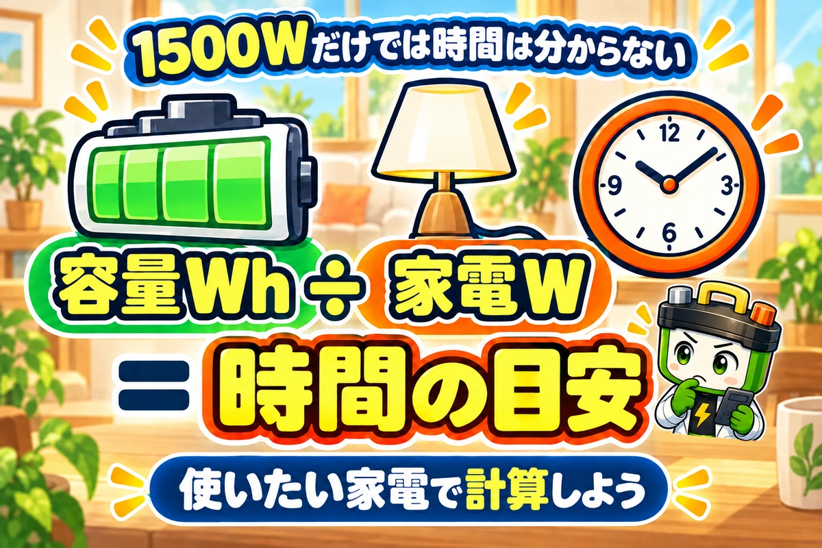 使える時間の目安は、容量Whを家電の消費電力Wで割って求める。1500Wという出力だけでは時間は分からない。