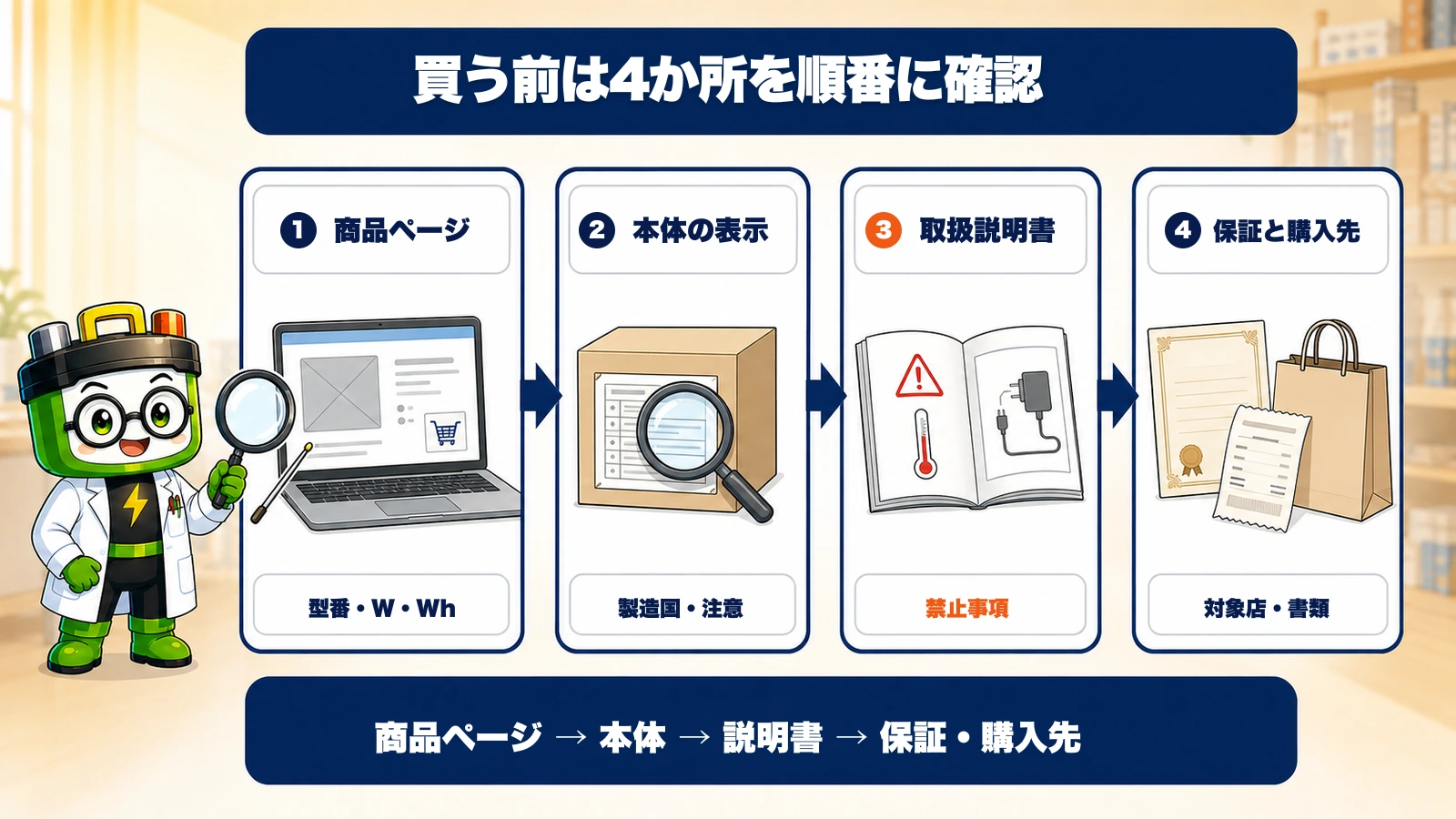 商品ページ、本体表示、取扱説明書、保証と購入先を順番に確認する図