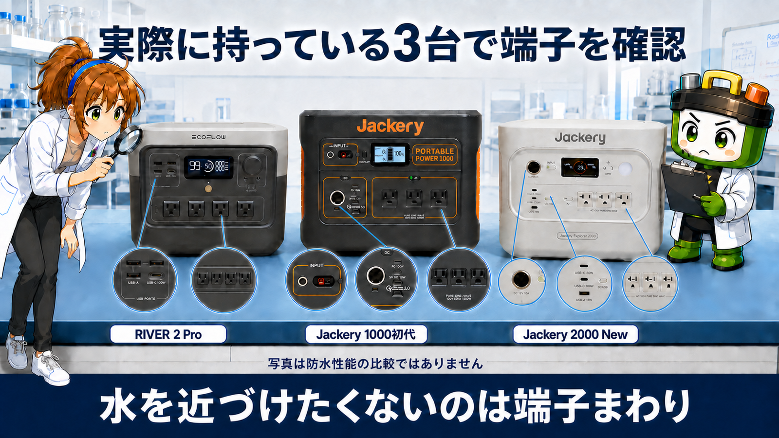 実際に持っているRIVER 2 Pro、Jackery 1000初代、Jackery 2000 Newの端子まわり