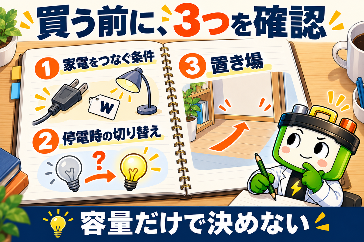 開いたノートに、家電をつなぐ条件、停電時の切り替え、置き場の3項目を図で示し、ワット博士が確認している。プラグとWの札、消灯と点灯の電球、空いた床の絵を使い、容量だけで決めないと伝えている。