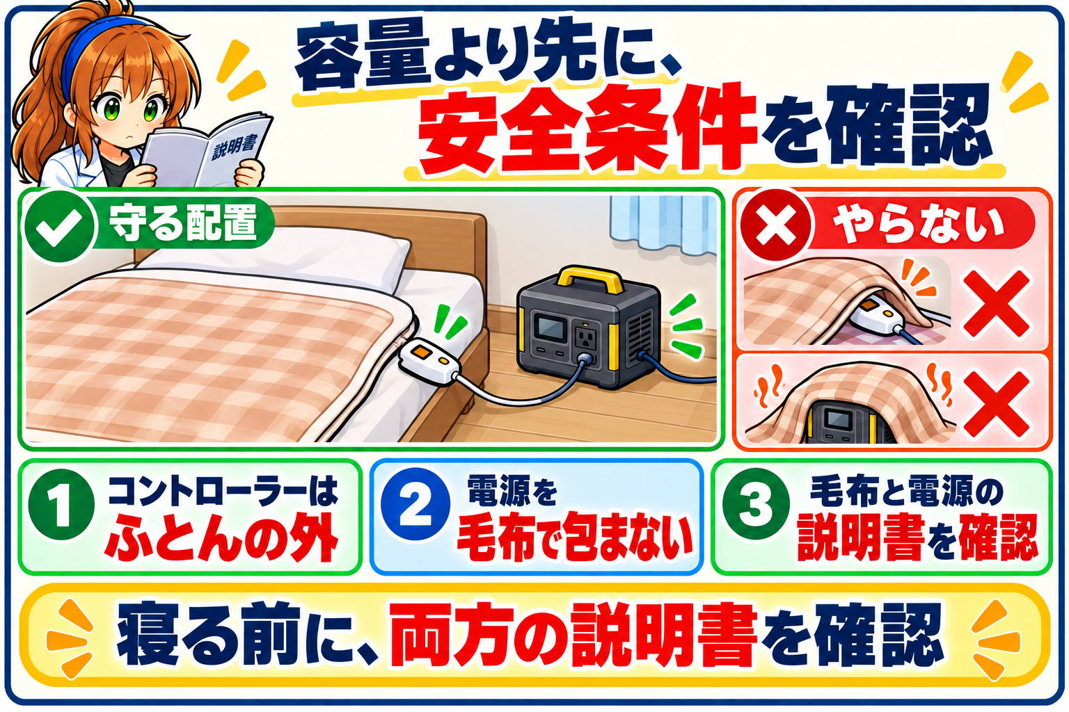 電気毛布を安全に使う配置。コントローラーをふとんの外に出し、電源を毛布で包まない