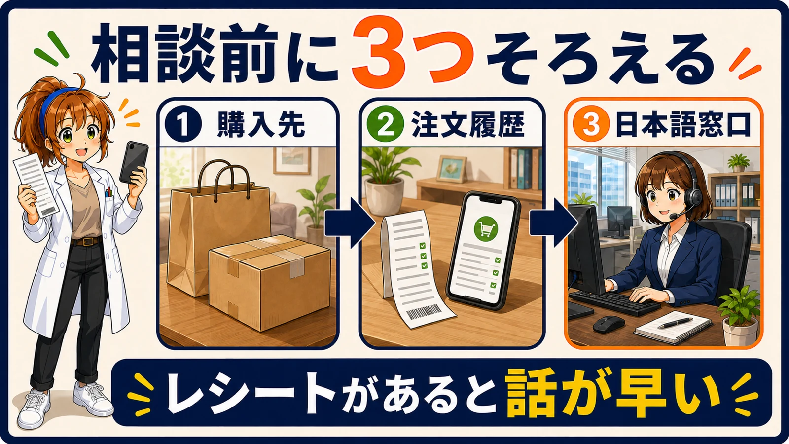 EcoFlowの購入先、レシートや注文履歴、日本語窓口を順に確認する図