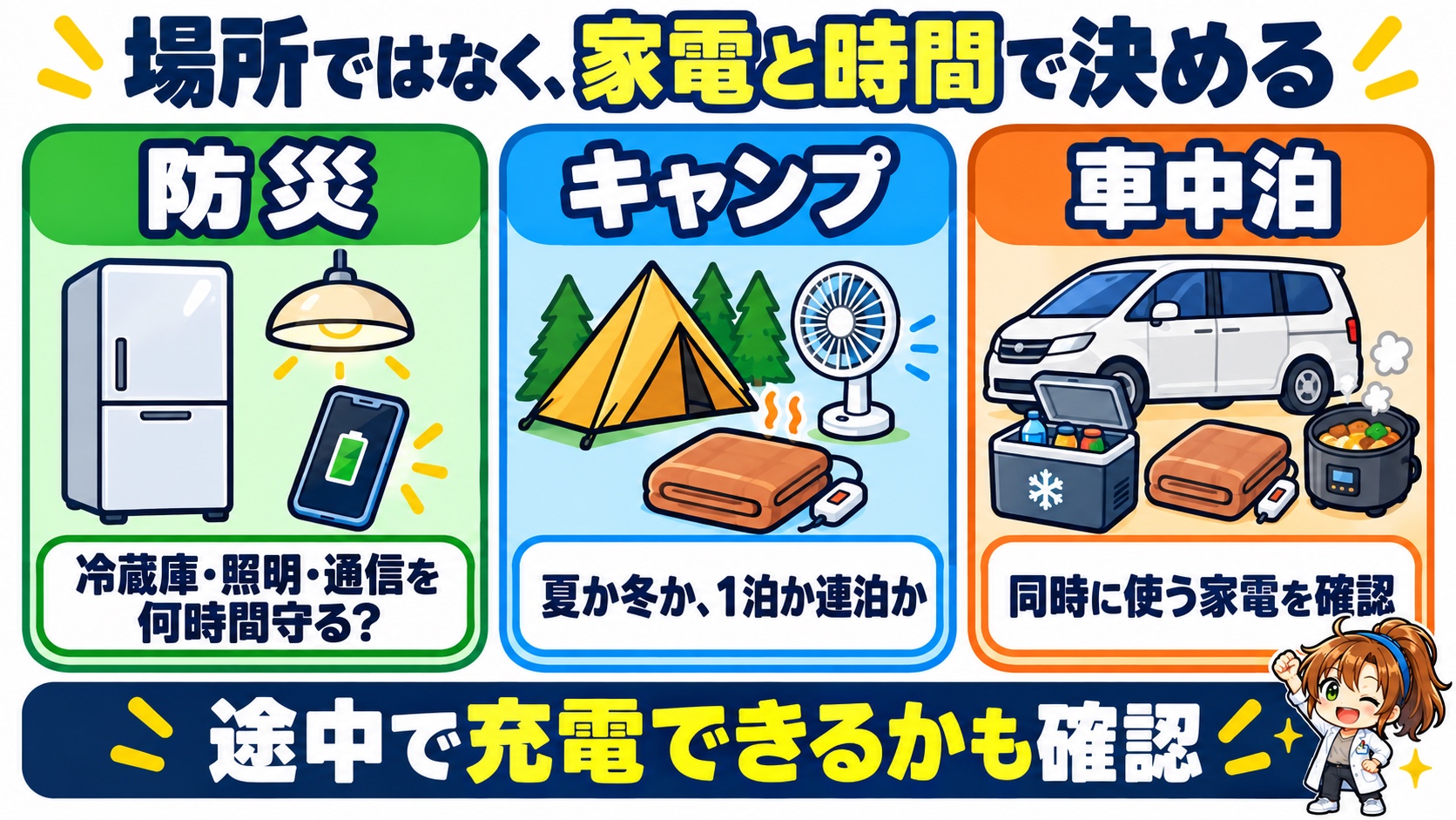 防災、キャンプ、車中泊で使う家電と時間、途中充電の有無から容量を決める図解