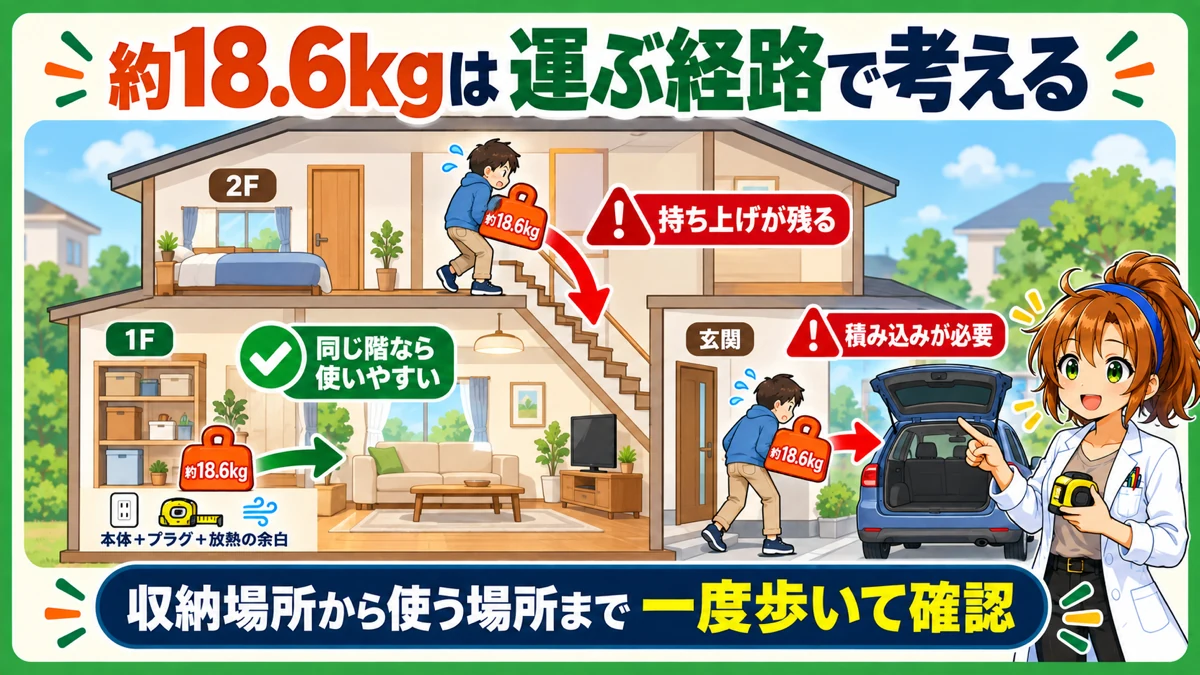 約18.6kgのDabbsson 2000Lを置く場所と運ぶ経路で考える図