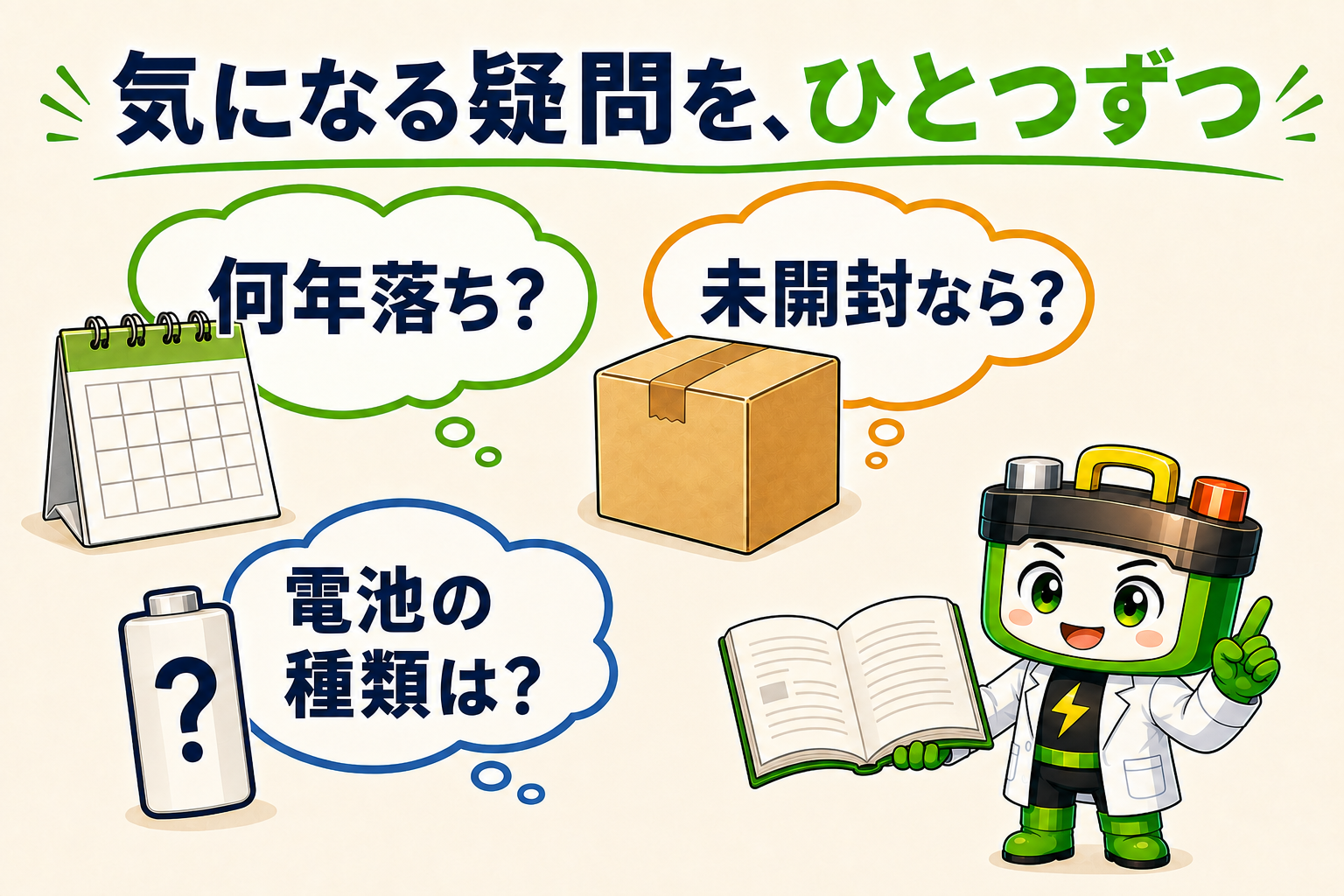 何年落ちか、未開封か、電池の種類で選べるかという疑問をワット博士と整理する図