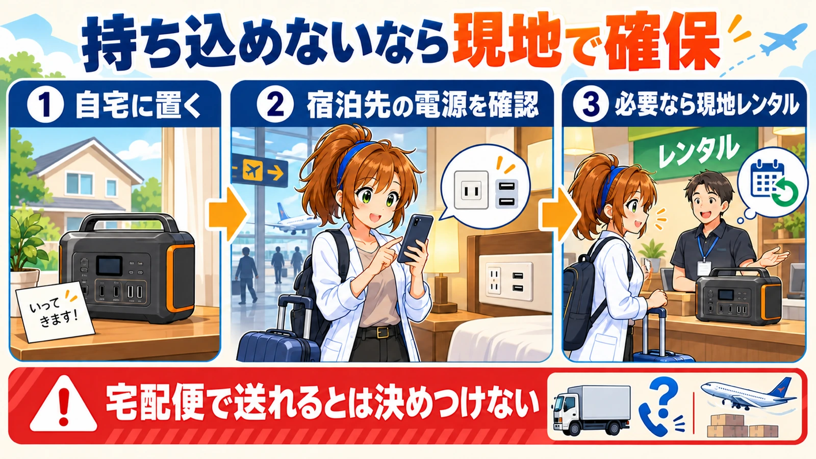 ポータブル電源を自宅に置き、宿泊先の電源や現地レンタルを確認する3つの選択肢を示す図
