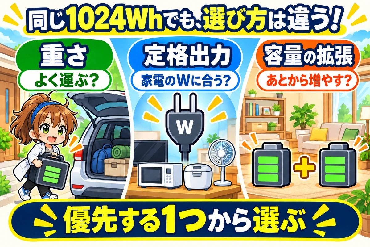 同じ1024Whでも、重さ、定格出力、容量の拡張で選び方は変わる。よく運ぶか、家電のWに合うか、あとから容量を増やすか、優先する1つから選ぶ。