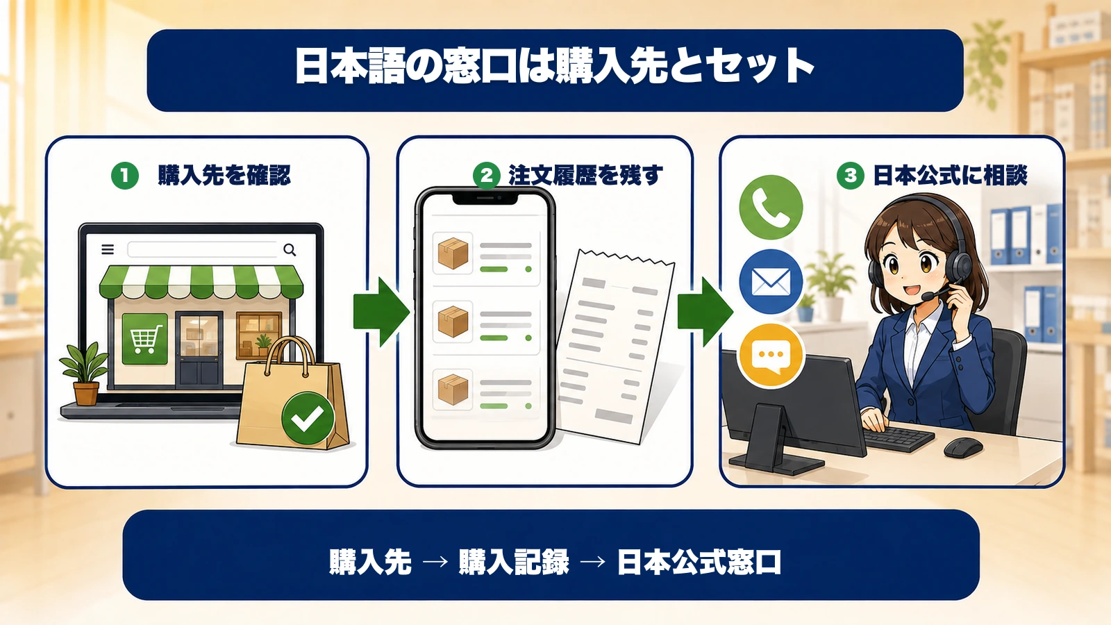 購入先、注文履歴とレシート、日本公式窓口を順番にそろえる図