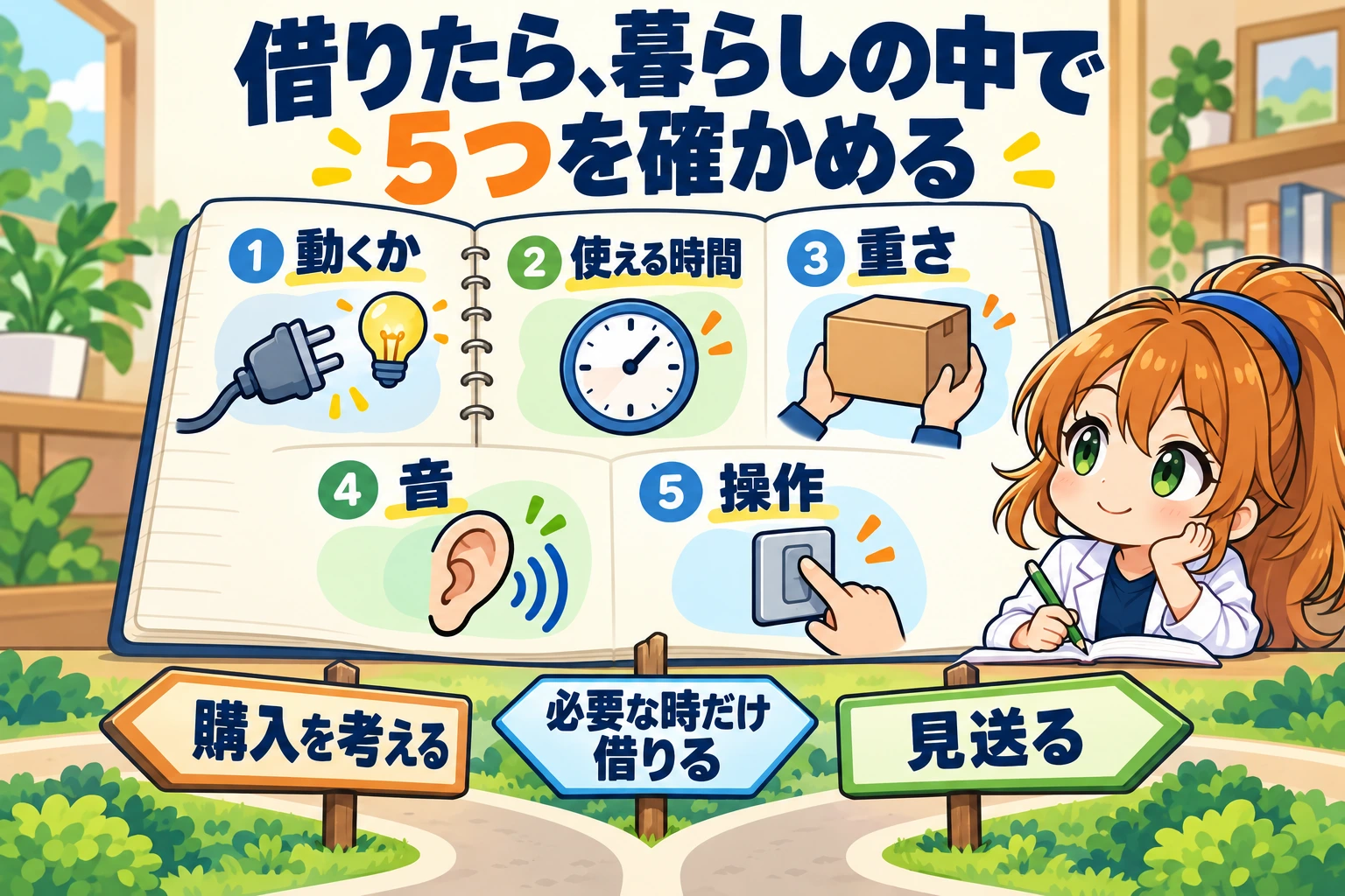 動くか、使える時間、重さ、音、操作の5点を確かめ、購入・必要時のレンタル・見送りを選ぶ図