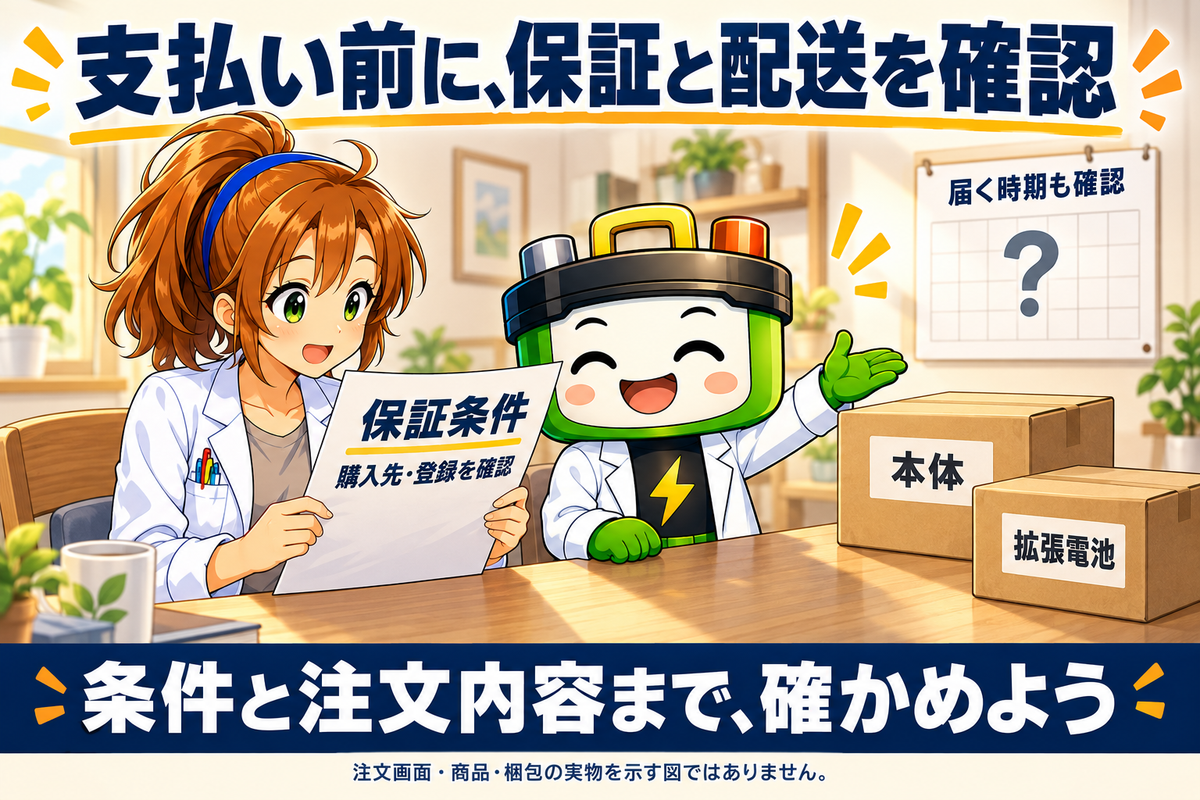 机でヒカリちゃんが購入先と登録条件を記した保証条件の紙を確認し、ワット博士が本体と拡張電池の別々の配送箱と日付未定の予定表を案内している。支払い前に保証・配送・注文内容を確かめると伝える図。
