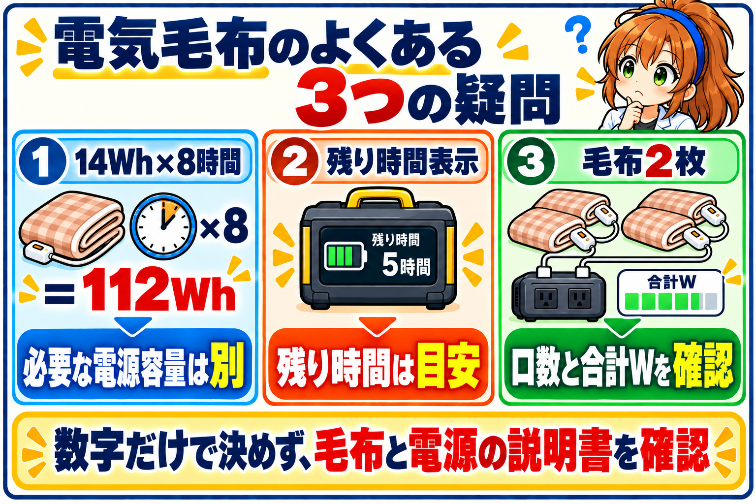 電気毛布のよくある3つの疑問。必要容量、残り時間表示、2枚使用時の確認点