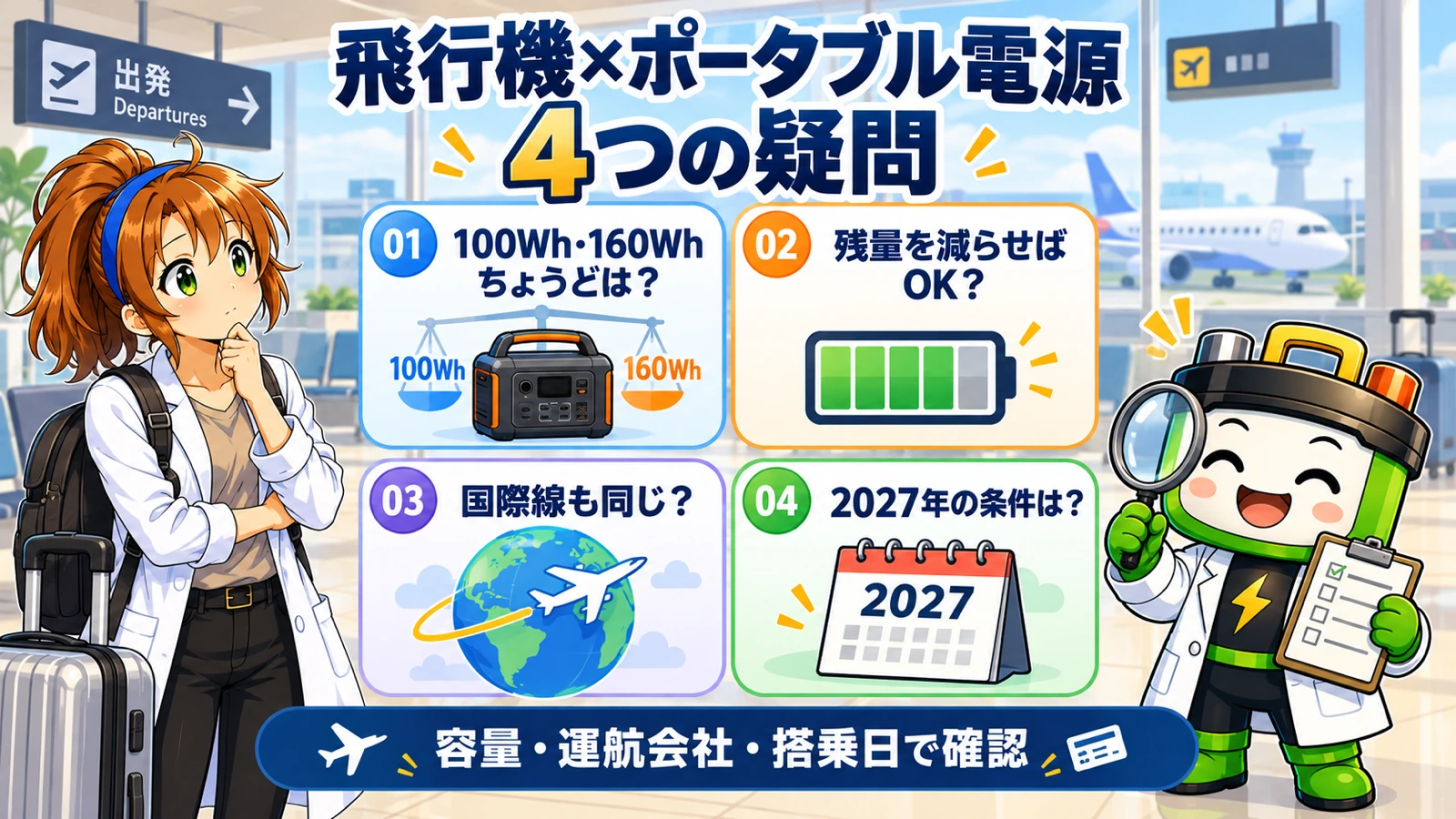 飛行機へポータブル電源を持参する際の容量境界、残量、国際線、2027年の条件という4つの疑問を示す図