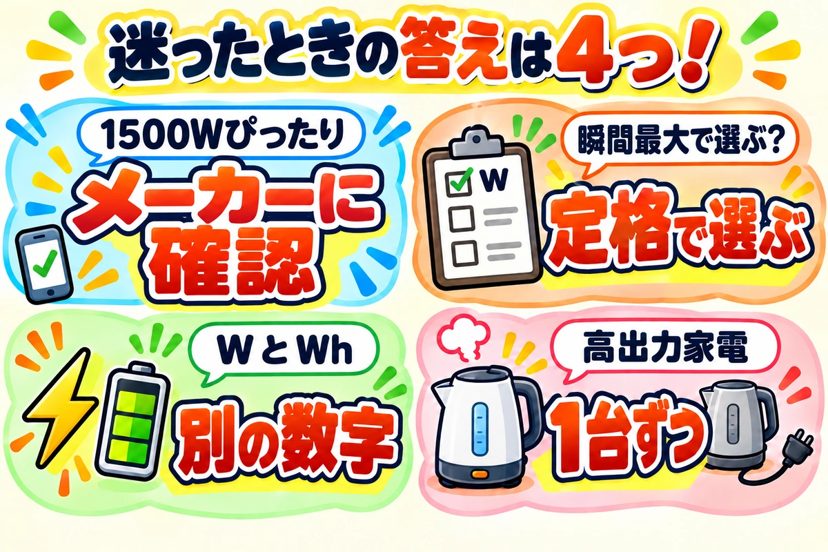 1500Wぴったりの家電はメーカーに確認し、瞬間最大ではなく定格で選ぶ。WとWhは別の数字で、高出力家電は1台ずつ使う。