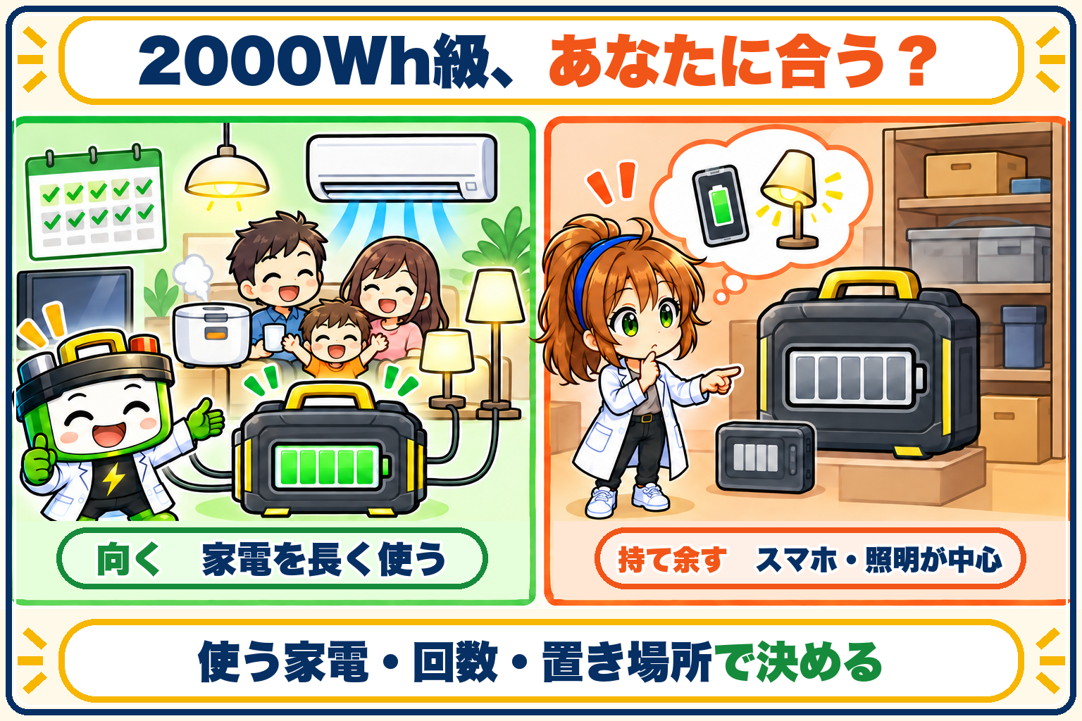 2000Wh級ポータブル電源が向く人と持て余しやすい人を比べる図
