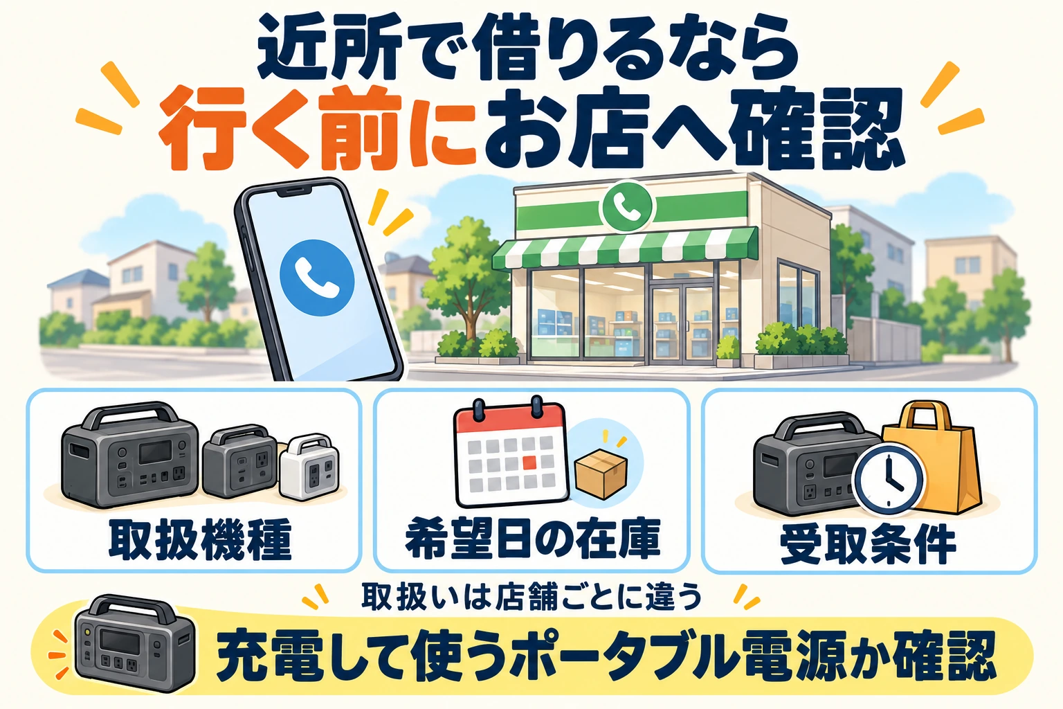 来店前に取扱機種、希望日の在庫、受取条件を店舗へ確認する図。充電して使うポータブル電源かも確かめる。