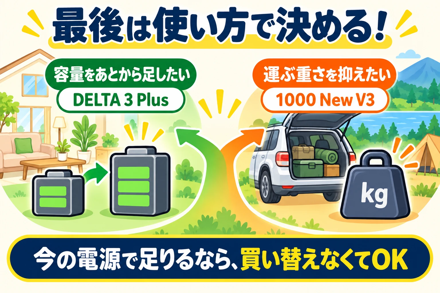 容量をあとから足すか、運ぶ重さを抑えるかで選び、今の電源で足りれば買い替えないまとめ