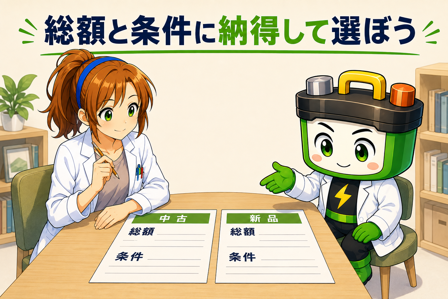ヒカリちゃんとワット博士が、中古と新品の総額と条件を机で比べるイメージ