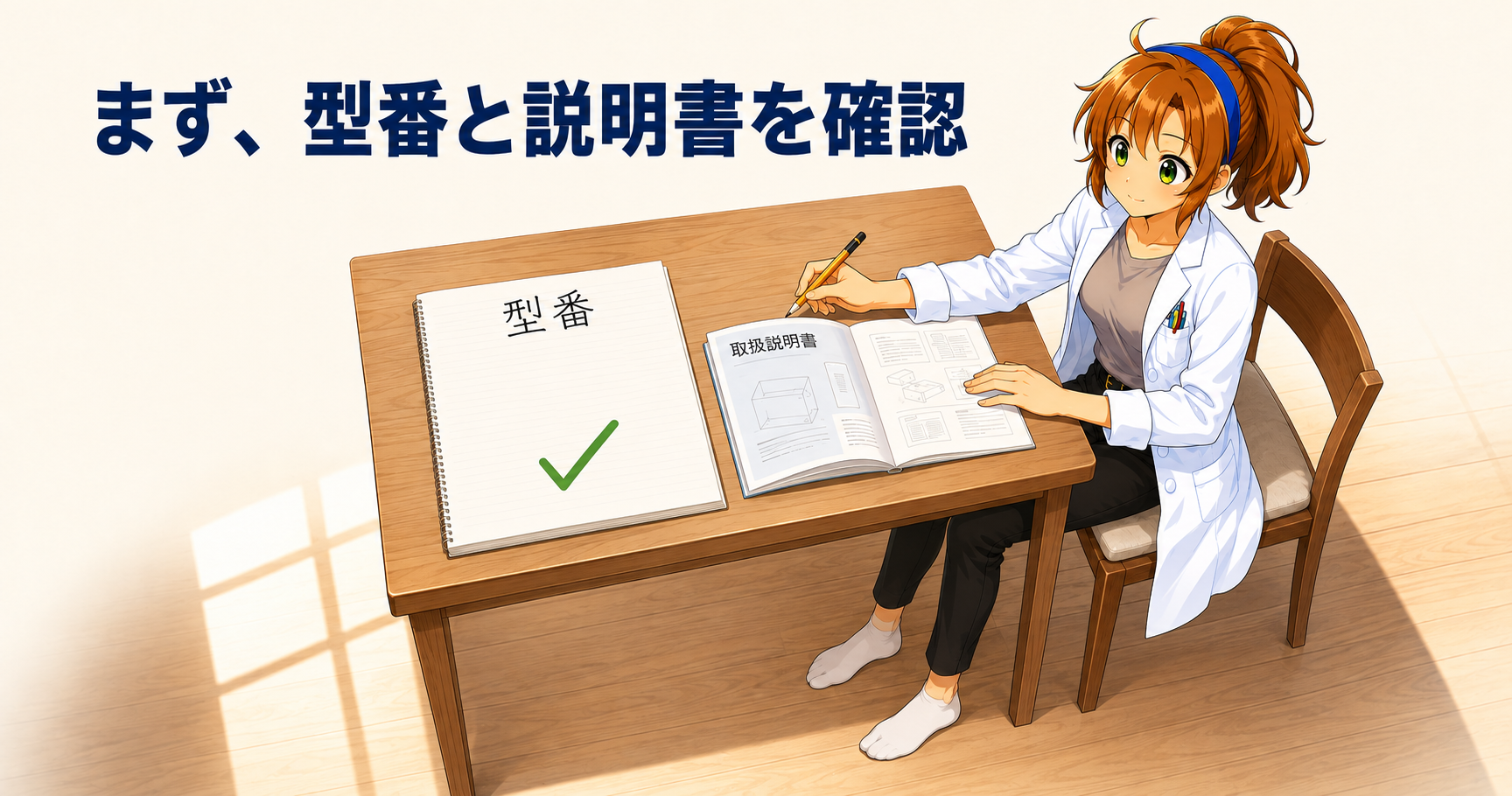 ヒカリちゃんが手元の型番メモと取扱説明書を照らし合わせる場面