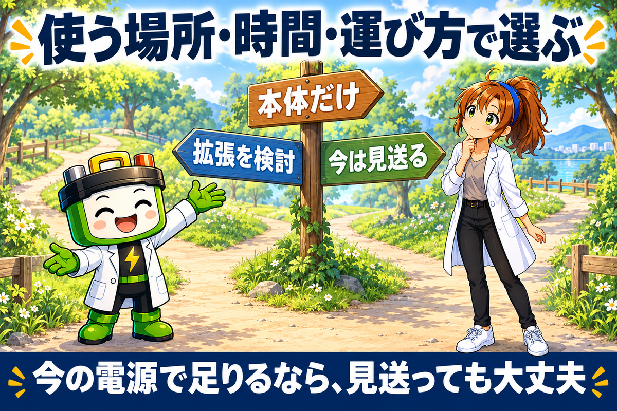 公園の分かれ道に、本体だけ、拡張を検討、今は見送るの三つの道しるべがあり、ワット博士とヒカリちゃんが選択を考えている。使う場所・時間・運び方で選び、今の電源で足りるなら見送ってもよいと伝えている。