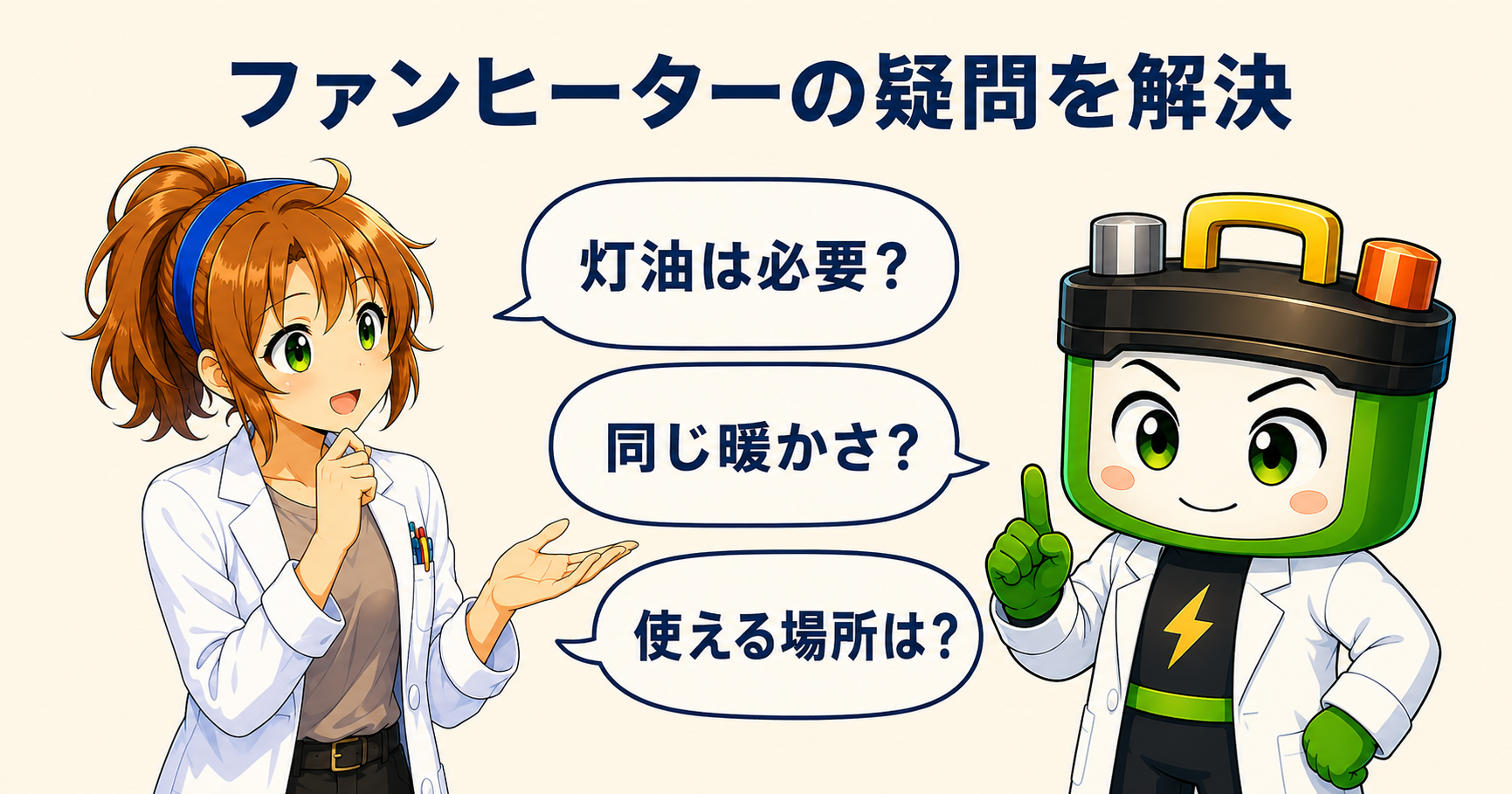 ヒカリちゃんが暖房機の燃料・暖かさ・使う場所についてワット博士に尋ねる場面