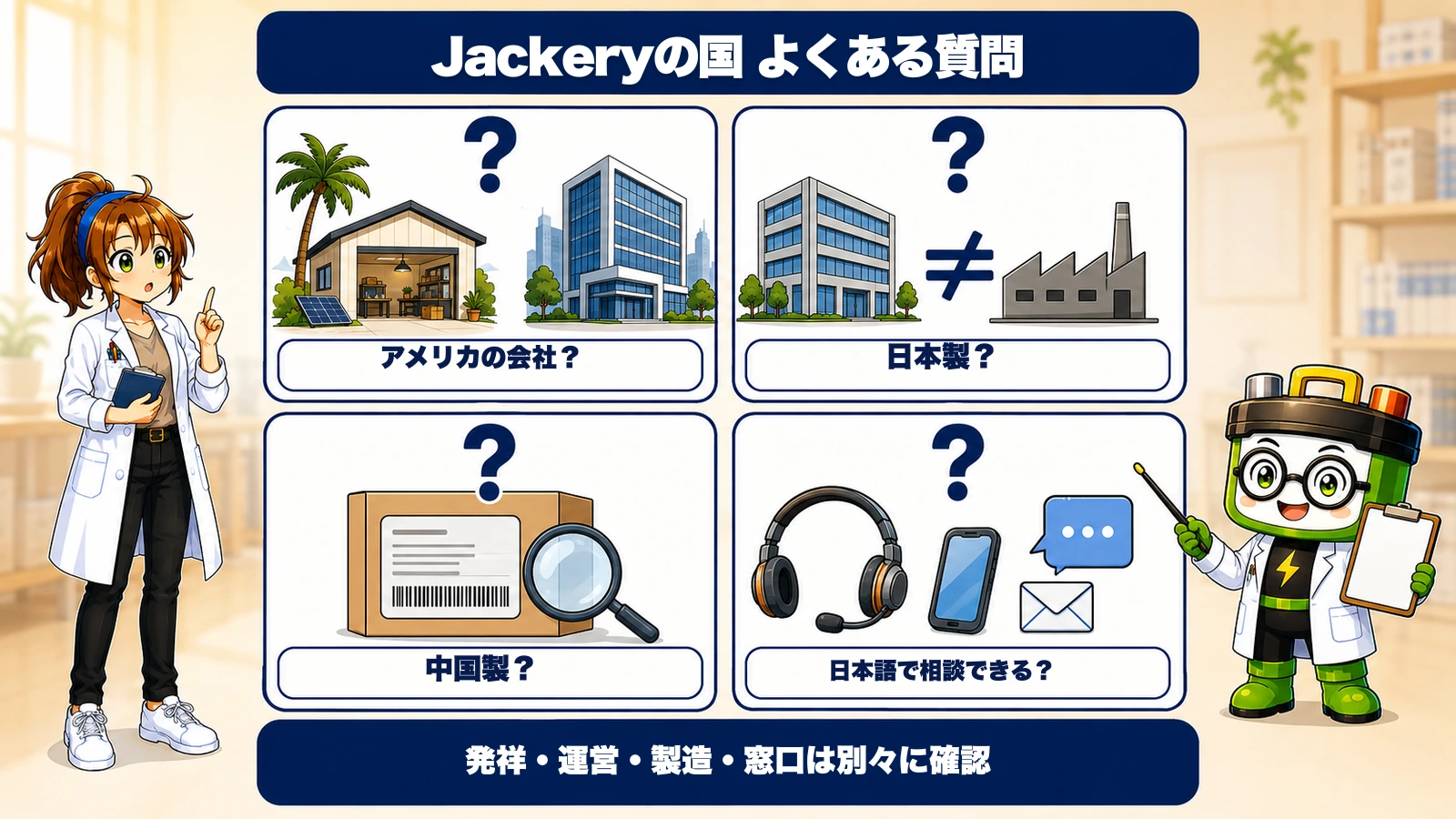 Jackeryの発祥、日本製か、中国製か、日本語で相談できるかを質問ごとに分けた図