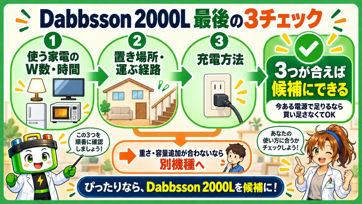 Dabbsson 2000Lを選ぶ前に家電・置き場所・充電方法を確認する図