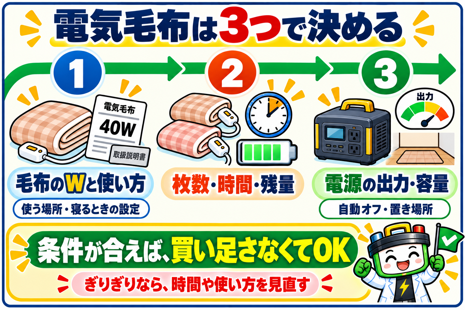 電気毛布を使う前に確認する3点。毛布のWと使い方、枚数・時間・残量、電源の出力と容量