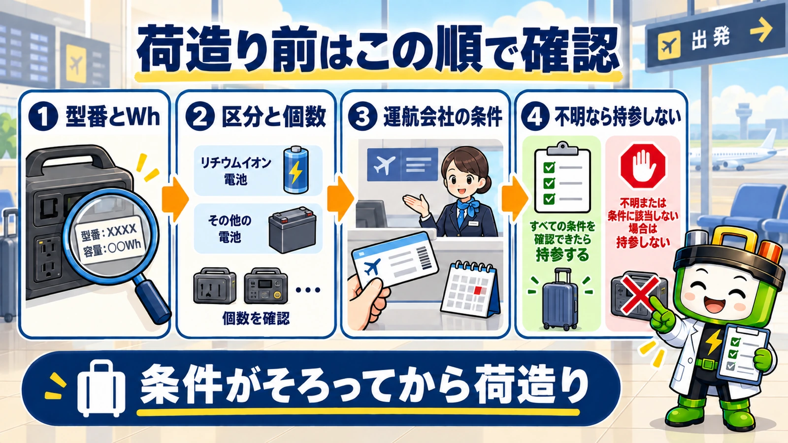 ポータブル電源を荷造りする前に、型番とWh、区分と個数、運航会社の条件を順番に確認する図
