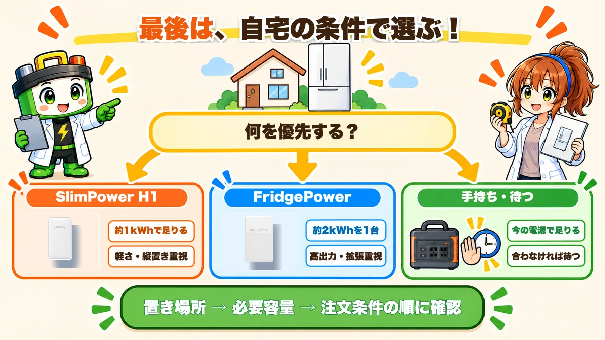 必要容量と置き場所からJackery SlimPower H1、BLUETTI FridgePower、手持ち電源や見送りを選ぶ図